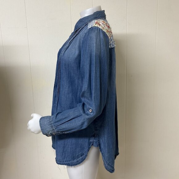 Boho Denim Patchwork Shirt Womens L Distressed Blue Applique Long Sleeve Western - Picture 2 of 10